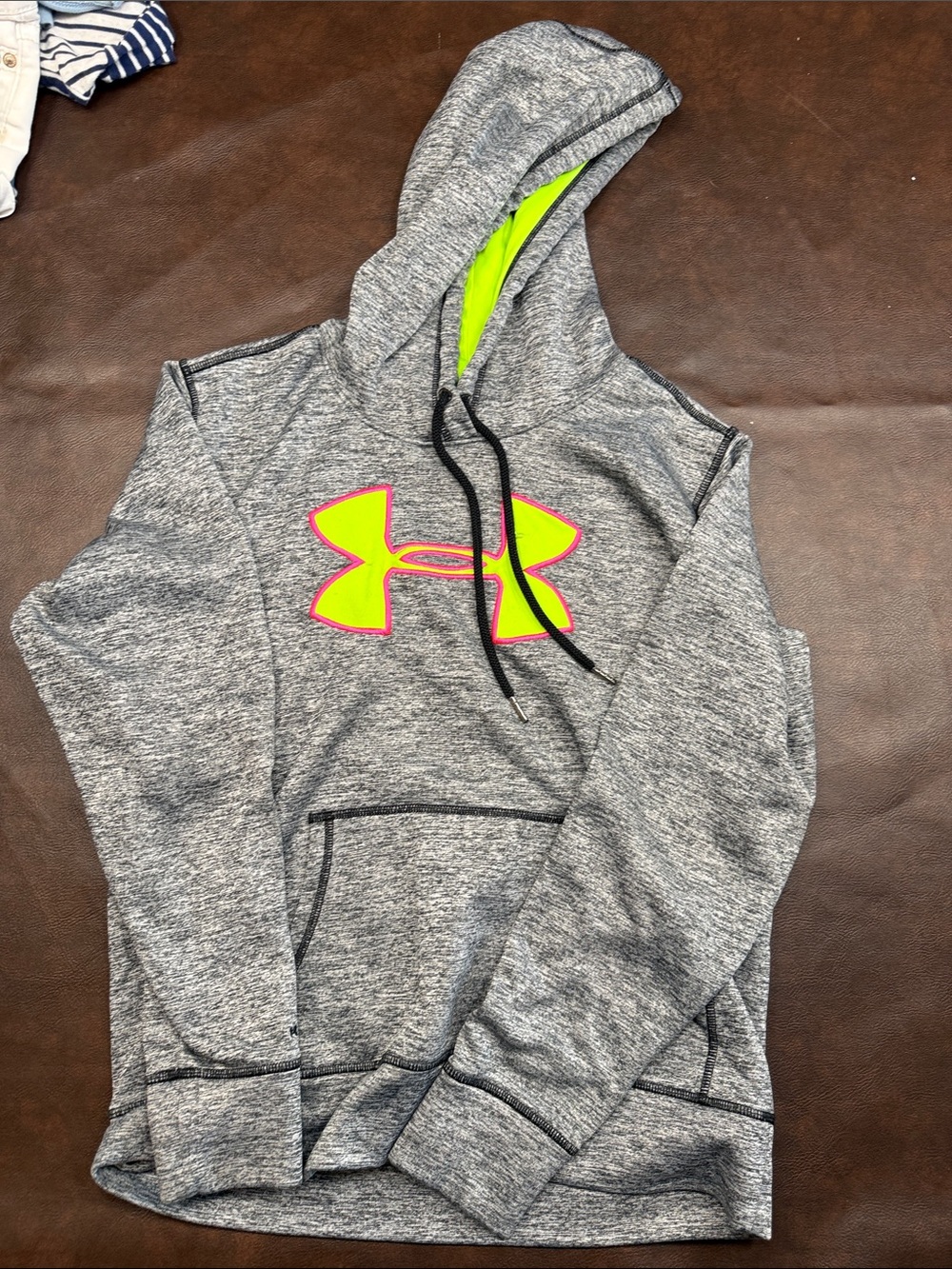 Under Armour Gray Hoodie with Neon Yellow and Pink Logo